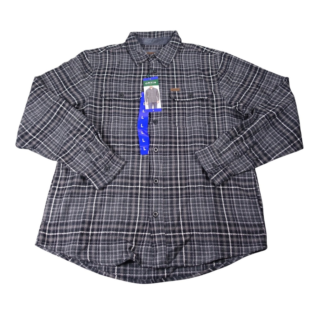 Orvis Mens Large Gray Plaid Long Sleeve Button Down Flannel Shirt 1312517 NEW